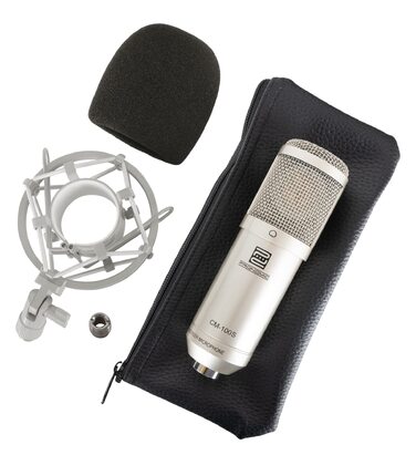 Студійний конденсаторний мікрофон Pronomic CM-100S з великою діафрагмою, XLR (з павуком, чохлом, вітрозахистом, перехідником), сріблястий
