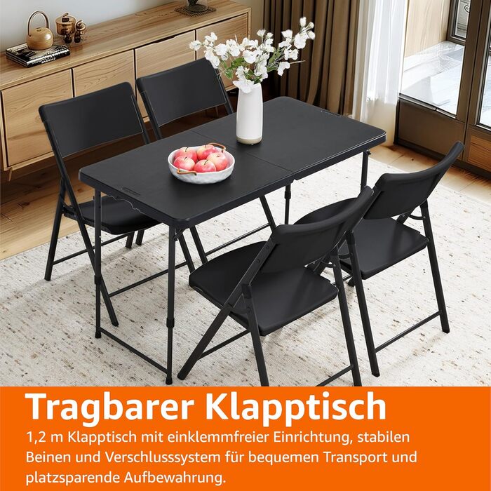 Розкладний стіл Storeo Basics, прямокутний, регульований по висоті в 4 напрямках з ручкою для перенесення, для використання в приміщенні та на вулиці, портативний, легкий, дорожній стіл, для пікніка, кемпінгу, чорний, 121,4 x 60,7 x 86,1 см, 1,2 м, митий 