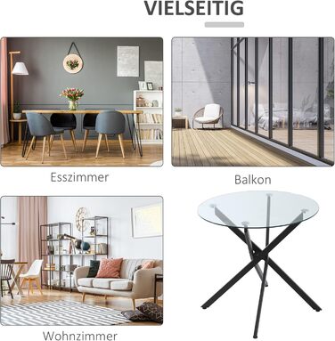 Обідній стіл HOMCOM, круглий кухонний стіл для 4 осіб, круглий обідній стіл зі схрещеними ніжками, стільниця із загартованого скла, для їдальні, кухні, Ø80 x 75 см, сучасний дизайн, чорний прозорий