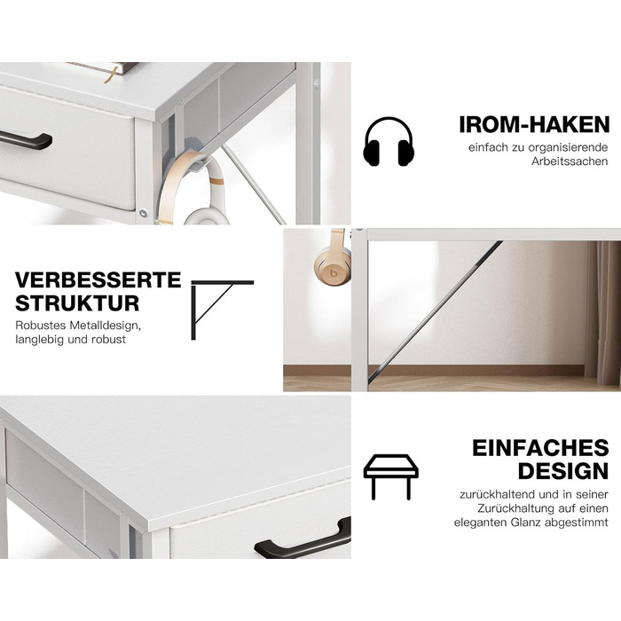 Письмовий стіл з 2 шухлядами, 80x40x78,7 см, невеликий стіл з тримачем для навушників, офісний стіл, ПК-стіл для офісу, вітальні, домашнього офісу, білий 80x40x78,7 см, білий