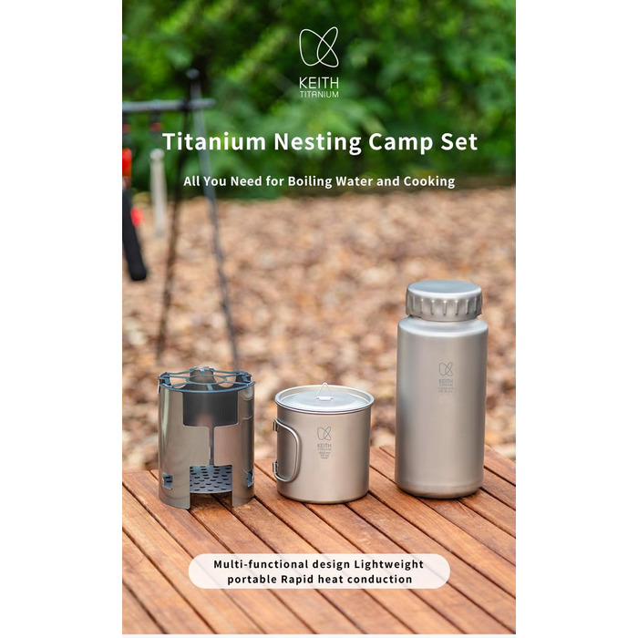 Набір для гніздування Keith Titanium Ti3070 - надлегка титанова пляшка, чашка та дров&39яна піч без пластику з полотняною сумкою для перенесення - міцний, портативний та екологічно чистий для кемпінгу, походів та