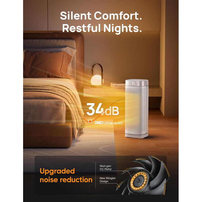 Дюймовий електричний обігрівач Dreo, енергоефективні обігрівачі з терморегулятором, пульт дистанційного керування, що коливається