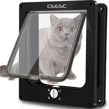 Великі котячі дверцята CEESC (зовнішній розмір 29,5 см x 24,5 см), поворотні котячі дверцята з 4-стороннім замиканням, всепогодні дверцята для котів та собак з обхватом < 63 см, покращена версія