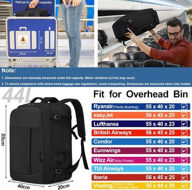 Рюкзак для ручної поклажі 55x40x20 см, місткість 44 л, великий дорожній рюкзак, ручна поклажа 55x40x20 см, дорожня сумка 55x40x20 см, рюкзак для 18-дюймового ноутбука, чорний, Lufthansa 55x40x20 см - 44 л