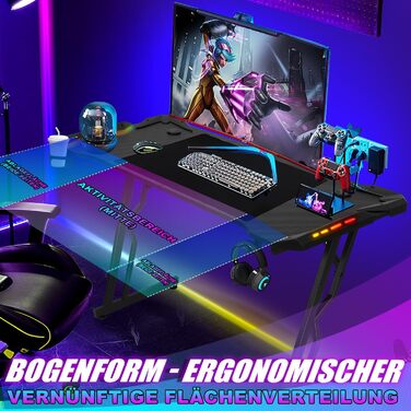 Ігровий стіл зі світлодіодним підсвічуванням, ігровий стіл 140 x 60 см, ігровий стіл для ПК з вуглецевим волокном, ігровий стіл зі світлодіодною Z-подібною рамкою, комп&39ютерний стіл для геймерів з гачком для навушників та тримачем для напоїв