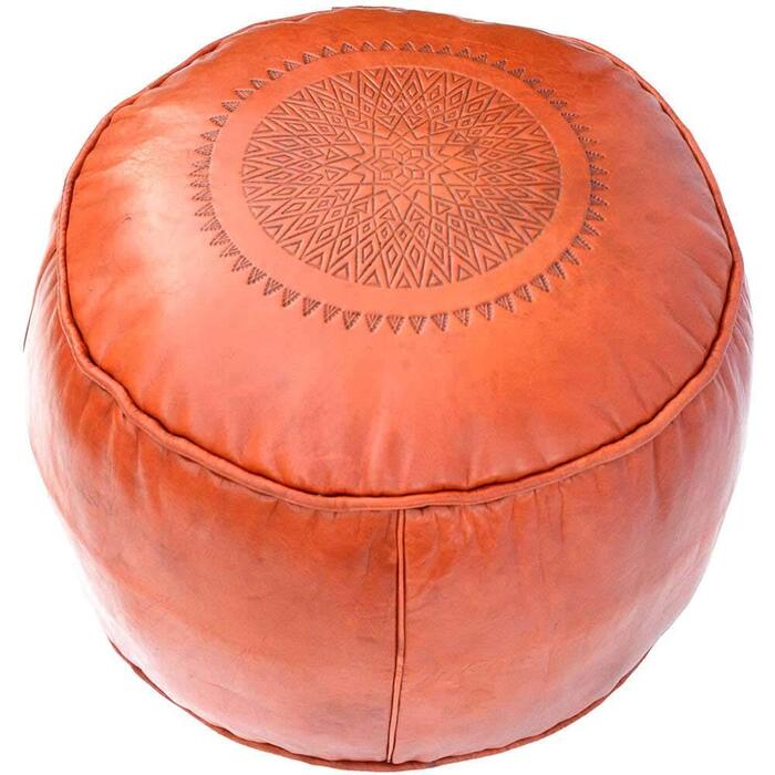 Східний шкіряний пуф круглий помаранчевий сидіння пуф подушка для підлоги, 44x33 см, включаючи наповнювач, ручна робота марокканський східний азійський сучасний вінтаж