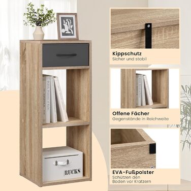 Книжкова полиця WOLTU на 3 рівні, окремостояча полиця з 1 шухлядою для тканини та 2 кубами, відкрита полиця, невелика полиця для зберігання, для вітальні, спальні, дитячої кімнати, 32,4 x 80 x 30 см, світлий дуб, SK055hei