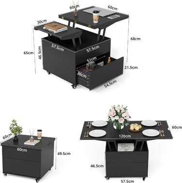 Журнальний столик VOWNER з регульованою висотою, багатофункціональний журнальний столик 3-в-1, який можна перетворити на стіл для вітальні/обідньої кімнати, журнальний столик із прихованим місцем для зберігання, 120Д x 60Ш x 68В см (чорний)