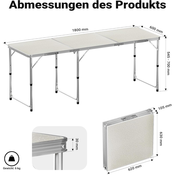 Складаний кемпінговий стіл 180x60x70см, регульована висота 54/61/70см, розкладний стіл з алюмінієвим каркасом та стільницею з МДФ, портативний багатофункціональний стіл, фуршетний стіл, кемпінговий стіл, садовий стіл, складаний