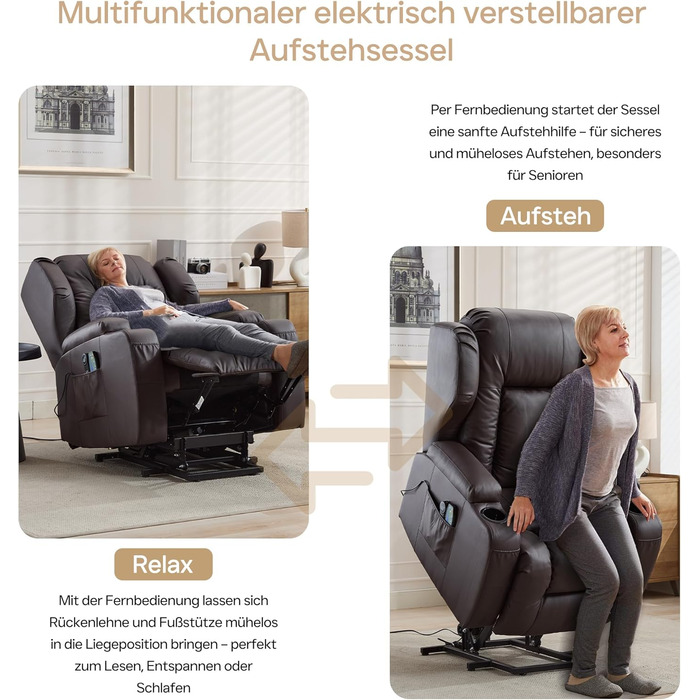 Електрично регульоване крісло для телевізора з функцією відкидання та підйомником, крісло для літніх людей зі штучної шкіри, крісло для телевізора, крісло для кінотеатру з масажем та підігрівом (коричневе, 1 підйомне крісло з консоллю) Коричневе 1 підйомн