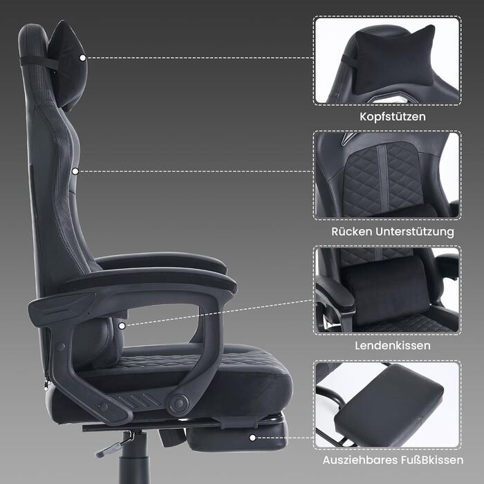 Ігрове крісло з ергономічною підставкою для ніг та коліщатками, комп&39ютерне крісло з підголівником та поперековою опорою, офісне крісло, комп&39ютерне крісло, регульоване та поворотне робоче крісло, чорне