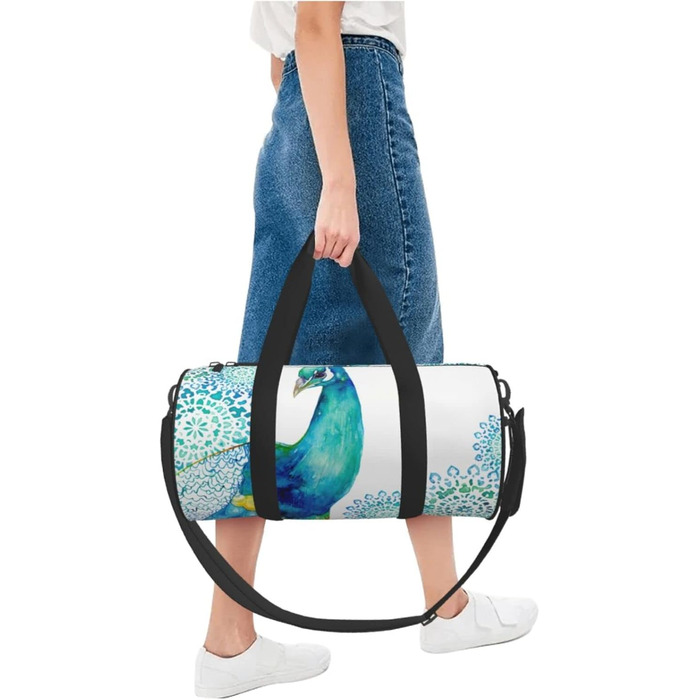 Спортивна сумка для подорожей, стильний принт з павичами та квітами, сумка на нічліг, чорний колір, універсальний розмір