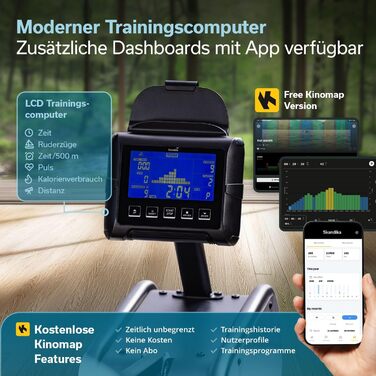 Гібридний гребний тренажер Skandika Nemo III Опір воді та магніту, 32 рівні електричного опору, 15 програм, до 200 см, сумісний із додатком, окремостоячий Водний гребний тренажер, домашнє фітнес-обладнання, чорний