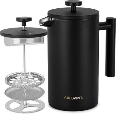Голдвівер Френч-прес преміум класу 1 л Прес для кави з нержавіючої сталі S-304 Нержавіюча сталь Термоглечик з подвійними стінками 0,8 мм Чай/кава ізольована Ручна кавоварка матовий чорний