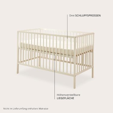 Дитяче ліжко Celia Safe 60x120 см з масиву бука білого кольору - Функціональне дитяче ліжечко з регульованою по висоті рейковою основою - 64 x 80 x 124 см (Ш/В/Г)