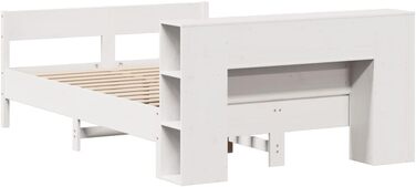 Ліжко з масиву дерева Hommdiy з полицею (матрац не входить до комплекту), дерев&39яний каркас ліжка з рейковою основою та узголів&39ям, ліжко для спальні, біле, 120 x 200 см.