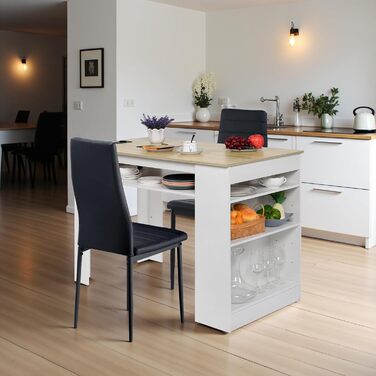 Багатофункціональний обідній стіл EGGREE з полицями для зберігання та розеткою - Кухонний стіл 110x60x78 см у дубовому декорі - Полиці з регульованою висотою, поверхня для зберігання, для невеликих приміщень у дубовому та білому кольорах