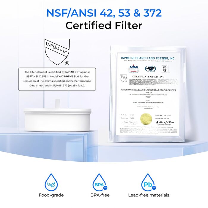Глечик з фільтром для води, 1,5 л глечик з фільтром для води з фільтром на 3 місяці, сертифіковано NSF 53&42&372, зменшує кількість PFOA/PFOS, хлору, кадмію, міді, ртуті, WD-PT-72W
