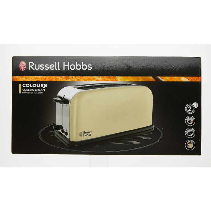 Тостер Russell Hobbs довгий слот для 2 скибочок / 1 широка скибочка хліба Кольори Крем з нержавіючої сталі (надзвичайно широкі отвори для тостів, включаючи насадку для булочки, 6 рівнів підрум'янювання функція розморожування, 1000 Вт)21395-56