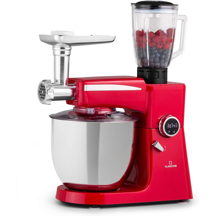 Кухонний комбайн Klarstein, універсальні кухонні комбайни, кухонні комбайни 3-в-1, міксери та блендери, тістомомашина з м'ясорубкою, кухонний комбайн, тістомісильна машина потужністю 2000 Вт 10 л чаша червона