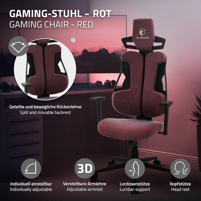 Ігрове крісло ML-Design, тканина, червоне, ергономічне офісне крісло, 3D підлокітники, підголівник, поперекова підтримка, індивідуально регульоване ігрове крісло, геймерське крісло, комп&39ютерне крісло, письмове крісло для домашнього офісу