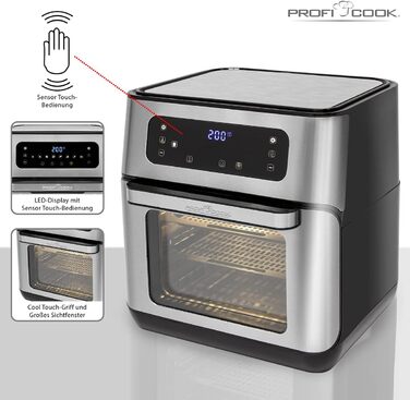 Аерофритюрниця ProfiCook XXL 9 автопрограм 1500 Вт 200 C Об'єм 11 л 4 рівні встановлення Нержавіюча сталь LED-дисплей Комплект аксесуарів PC-FR 1200, сталь-чорний