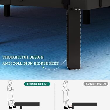 Каркас ліжка YITAHOME зі світлодіодним освітленням, зарядною станцією USB, інтерфейсом Type-C, плаваючим дизайном, металевим каркасом, тканинним чохлом (матрац не входить до комплекту), 180x200 см, чорний
