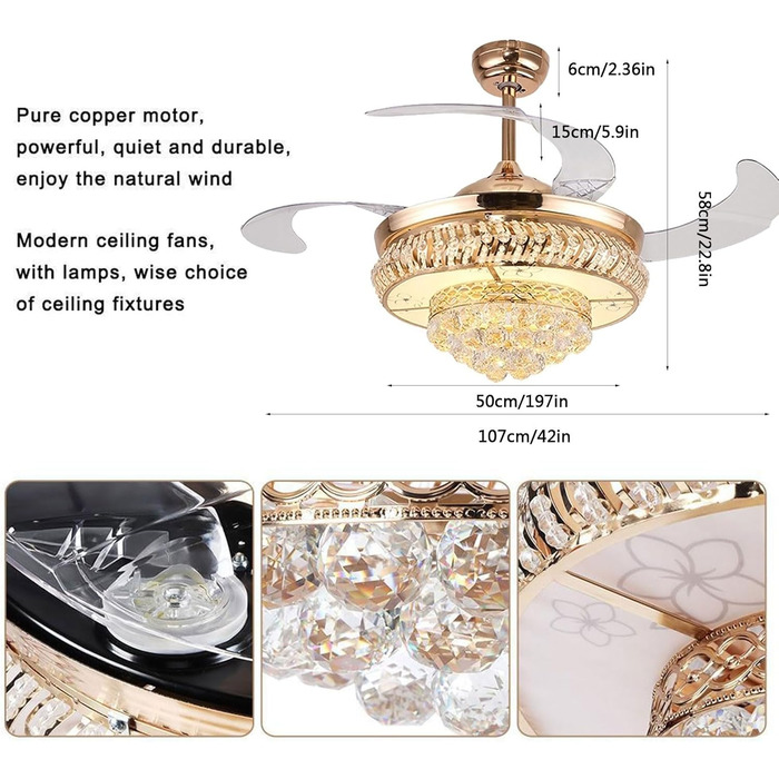 Безшумна лампа для вентилятора Сучасні кришталеві стельові вентилятори з підсвічуванням 3 кольори 6 швидкостей з пультом дистанцій