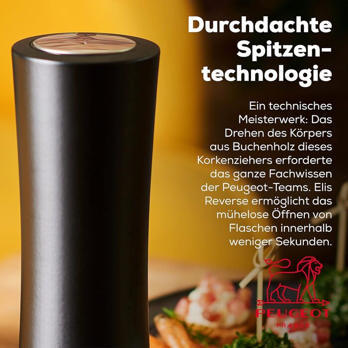 Електричний штопор Peugeot Elis Reverse 21 см, чорний I акумуляторний, електричний винний штопор з PEFC Бук I Набір відкривачів для вина з різаком для капсул і зарядним кабелем I Аксесуари для вина