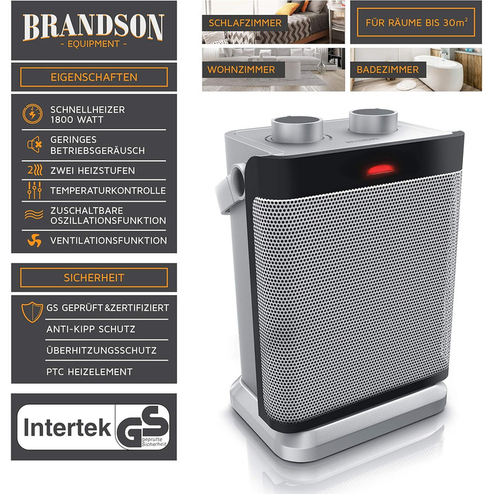 Енергозберігаючий, тихий електричний керамічний обігрівач - Електричний обігрівач з 2 режимами нагріву - Захист від перегріву - Коливання - Термостат - Ванна кімната, спальня, вітальня A Срібний