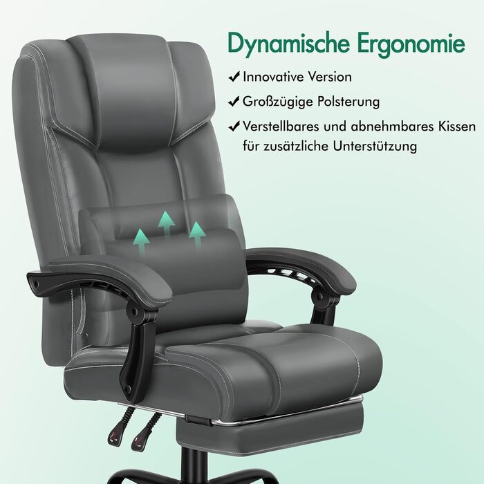 Офісний стілець ALFORDSON, Комп&39ютерний стілець, Робочий стілець зі штучної шкіри, вантажопідйомність 150 кг, спинка 90-135, регульований по висоті ергономічний комп&39ютерний стілець, Grey Boss - Grey