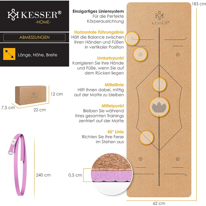 Килимок для йоги KESSER Пробка, в т.ч. сумка для перенесення з ремінцем і блок для йоги Гімнастичний килимок Килимок для йоги нековзний з натурального каучуку TPE Фітнес-килимок, 183 x 62 Тренувальний килимок для фітнесу Спортивний килимок, гімнастика дуж