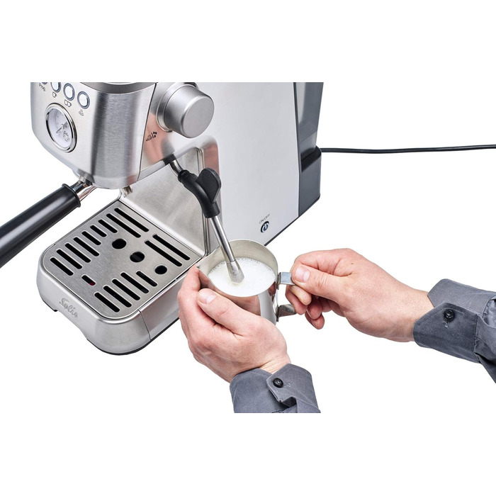 Еспресо-машина Solis Barista Perfetta Plus V2, напівавтоматична кавоварка з піноутворювачем молока, програмована кавоварка зі знімним резервуаром для води, функцією гарячої води та пари, срібло