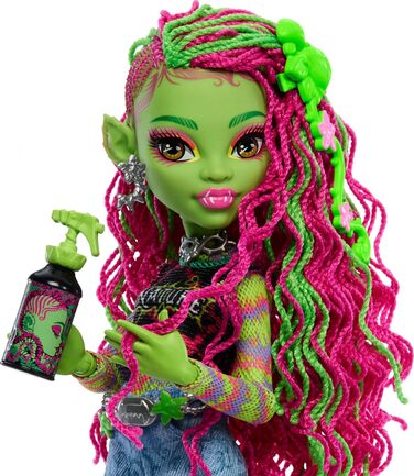 Лялька Monster High Venus McFlytrap з рослинним монстром-кітом Чуліаном та аксесуарами, такими як рюкзак, блокнот, снеки тощо, HRP81 Lime Green