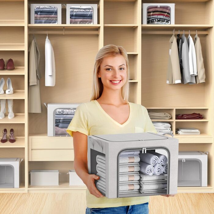 Коробка для зберігання одягу з 2 предметів, складна коробка для зберігання одягу з металевим каркасом та 3 віконцями, сумка для зберігання ковдр, пледів та одягу, сіра (24 л) 2 предмети - сірий - 24 л