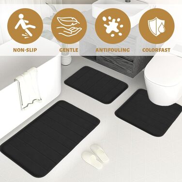 Комплект килимків для ванної кімнати, 3 предмети, чорний, килимок для ванної, що прається, нековзний килимок для ванної, матеріал з м&39якого коралового флісу, килимки для ванної, що швидко сохнуть, килимок для туалету, який можна прати в пральній машині