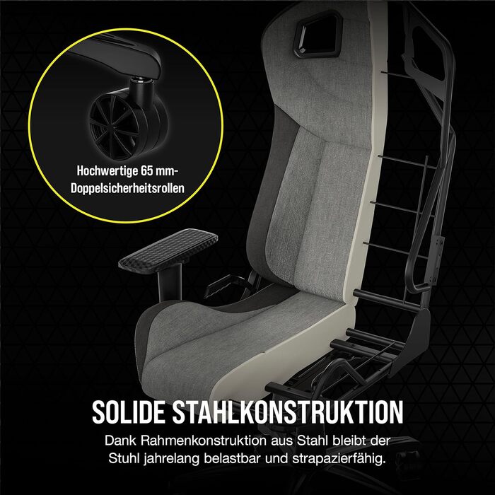 Ігрове крісло Corsair T3 RUSH з тканинною оббивкою (2023) Дизайн у стилі гонок Мяка оббивка Мяка подушка для шиї Поперекова підтримка з піни з ефектом памяті Чорний, темно-сірий та антрацитовий кольори T3 RUSH (2023)