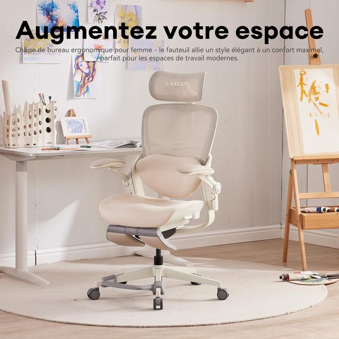 Ергономічне офісне крісло MUSSO E80 Muse FemmePosture для жінок - нахил 135 та 3D-підтримка попереку, підголівник 17 см 4D, висувна підставка для ніг, регулювання глибини/висоти сидіння, регульовані підлокітники (бежевий)