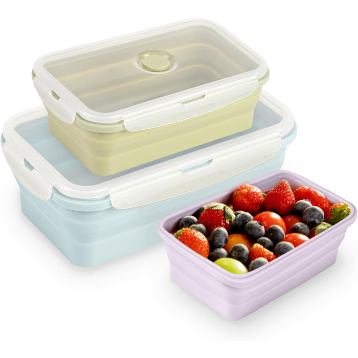 Складаний ланчбокс герметичний, набір з 3-х контейнерів для їжі з силікону 800 мл, 1200 мл, 2000 мл. Ідеально підходить для кемпінгу, пікніків, офісу та кухні.