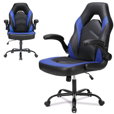 Ергономічне ігрове крісло зі складними підлокітниками, регульована висота (107-116 см), поворот на 360, штучна шкіра, тихі колеса, складні підлокітники, офісне крісло для ігор та домашнього офісу, синього кольору