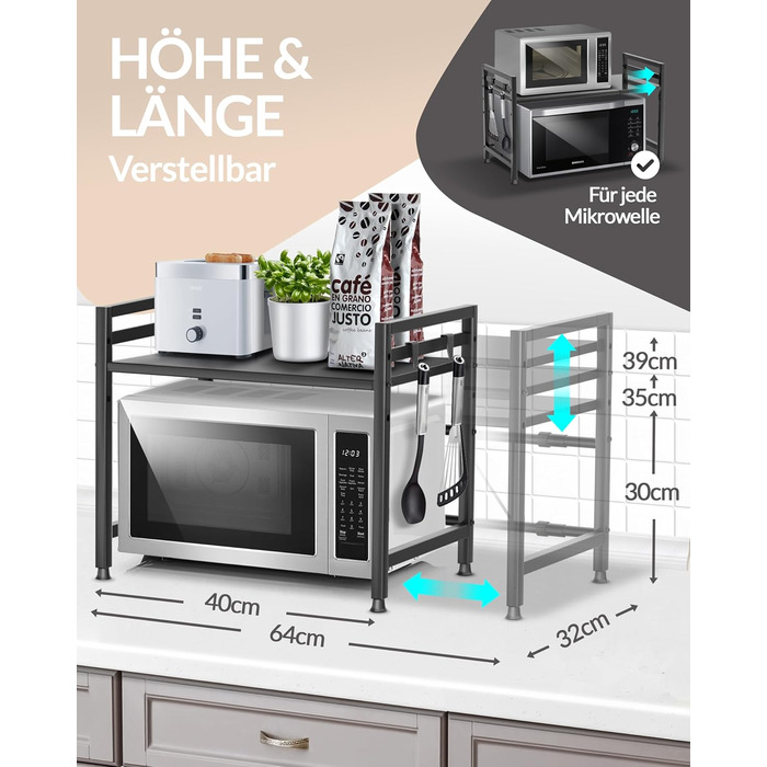 Полиця для мікрохвильової печі, кухонна полиця, стояча, сталь (2-рівнева) Полиця для мікрохвильової печі, шафа для мікрохвильової печі Полиця для зберігання, полиця для пекарні, регульовані по висоті та довжині полиці відеоінструкції, гачки - Чорний, 2-рі