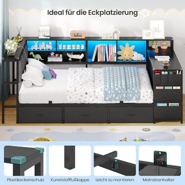 М&39яке ліжко, диван-ліжко, дитяче ліжко 90x200 см з комодом з 6 шухлядами та вбудованим письмовим столом, кушетка зі світлодіодним освітленням та зарядною станцією, ліжко 90x200 см з м&39яким узголів&39ям, чорного кольору.