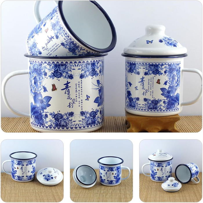 Емальована кружка 500 мл з кришкою та ручкою, синя вінтажна чайна кружка з товстої, безпечної для харчових продуктів емалі для дому, кемпінгу та використання на природі