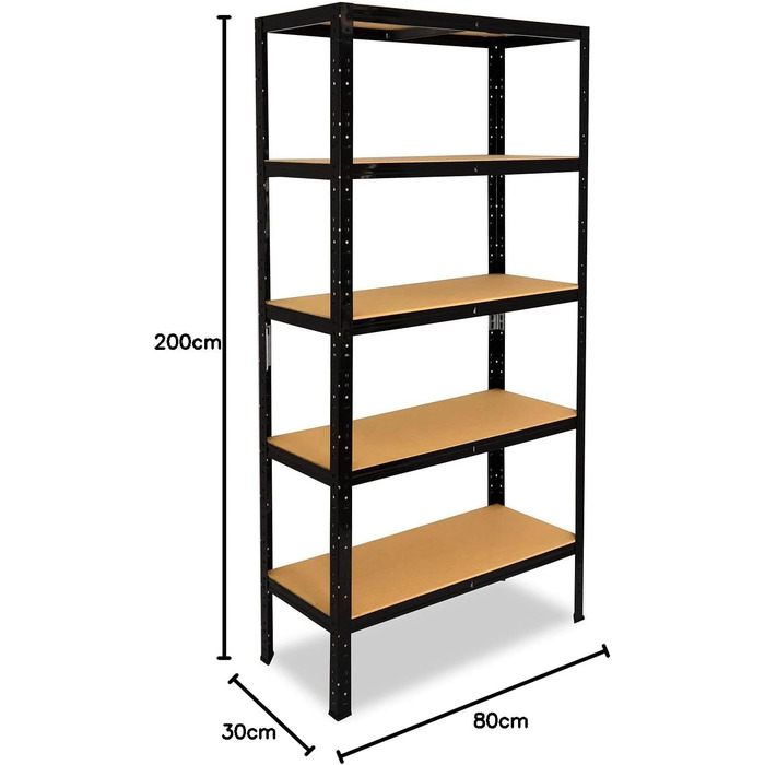 Чорний надміцний стелаж, чорний/металевий стелаж, 5 полиць вантажопідйомністю 175 кг кожна/Стелаж для зберігання, чорний, підвальний стелаж, побутовий стелаж, чорний/металевий стелаж, чорний, металевий, стоячий, В 200см / Ш 80см / Г 30см, 200x80x30