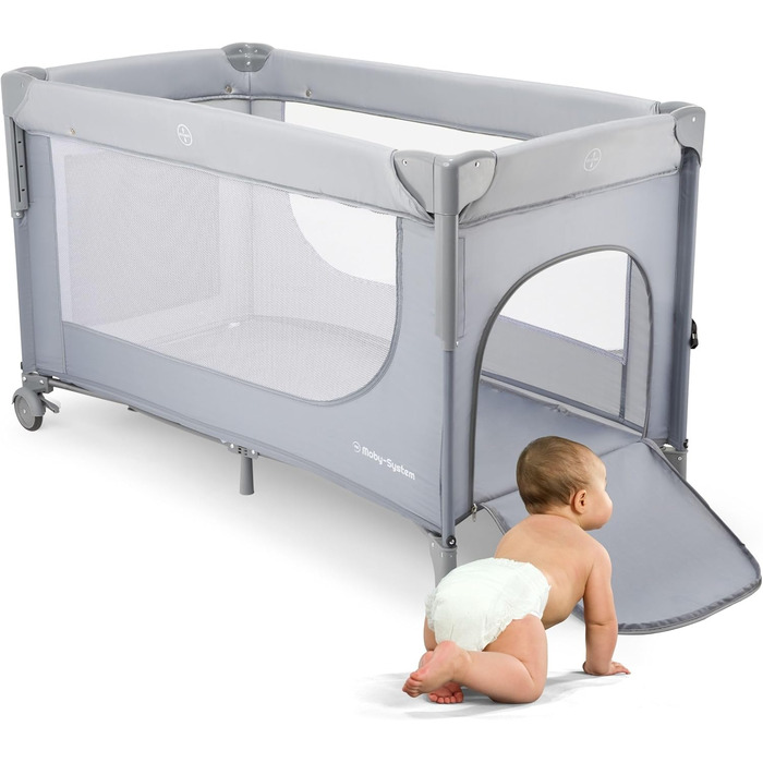 Дитяче ліжечко Moby-System Closely 3-в-1 - дитяче дорожнє ліжечко з пеленальною підкладкою, матрацом, сумкою для перенесення - регульована по висоті приліжкова ліжечка, манеж (6 предметів)
