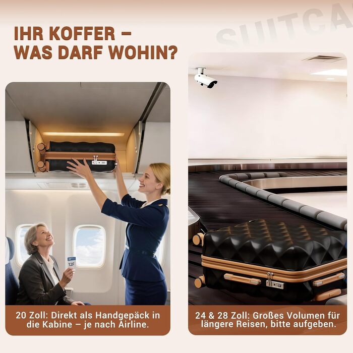 Легка дорожня валіза British Traveller, ручна поклажа, 54x36,5x21,5 см, виготовлена з ABSPC, із замком TSA, 4 колеса, чорно-коричневий колір, розмір S (54 см, 34 л)