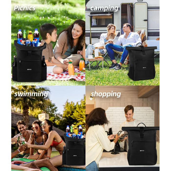 Термальний рюкзак 35 л, рюкзак-холодильник, водонепроникний рюкзак для пікніка з відкривачкою для пляшок, пікніків, кемпінгу, пляжу, походів, подорожей, шопінгу, чорний