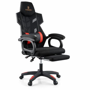 Ергономічне ігрове крісло BARBERIO, офісне крісло, вантажопідйомність 150 кг, повітропроникна сітка, з підставкою для ніг, регульовані підлокітники, сидіння 54 см, поворот на 360, подушка для поперекової підтримки, регульована висота (чорно-червоне)