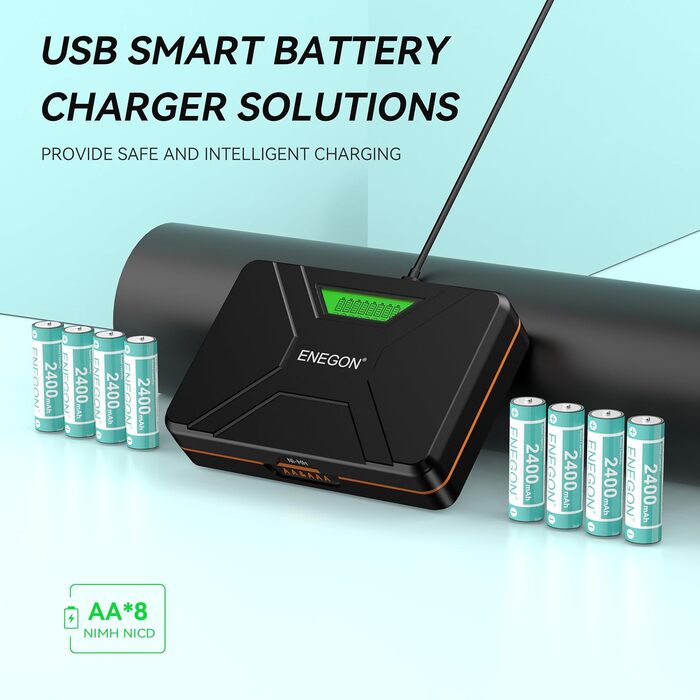 Швидкий зарядний пристрій ENEGON на 8 батарейок типу AA/AAA з РК-дисплеєм 8 нікель-металгідридних батарей типу AA (2400 мАг), зарядна станція USB-C з відділенням для іграшок, мишей та електроніки