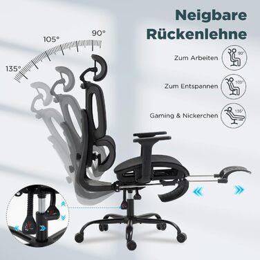 Ергономічне офісне крісло EROMMY з підставкою для ніг 3D-підголівник та регульовані підлокітники Регульоване по висоті робоче крісло з поперековою опорою Поворотне крісло з дихаючої сітки для домашнього офісу та ігор